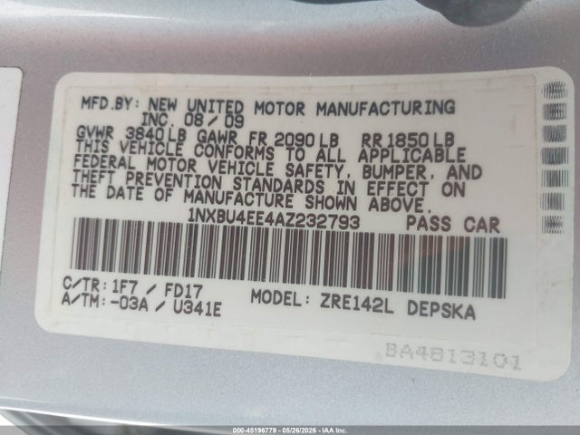 45196779 :رقم المزاد ، 1NXBU4EE4AZ232793 vin ، 2010 Toyota Corolla S مزاد بيع