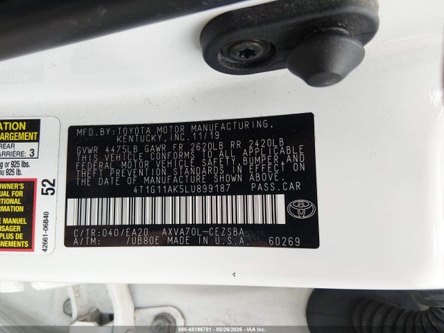 Aukcja sprzedaży 2020 Toyota Camry Se, vin: 4T1G11AK5LU899187, numer aukcji: 45196781
