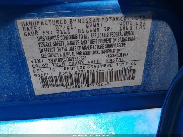 3N1AB8CV3MY312624 Nissan Sentra Sv Xtronic Cvt