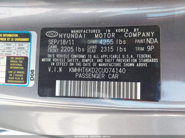 Продажа на аукционе авто 2012 Hyundai Genesis 2.0t, vin: KMHHT6KD2CU074140, номер лота: 45196795