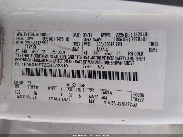 2014 Ford Escape S მანქანა იყიდება აუქციონზე, vin: 1FMCU0F72EUE52310, აუქციონის ნომერი: 45196800