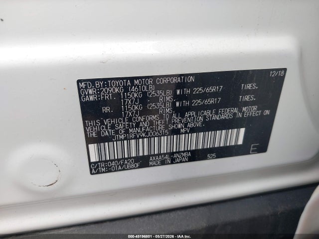 Продаж на аукціоні авто 2019 Toyota Rav4 Xle, vin: JTMP1RFV9KJ006315, номер лоту: 45196801