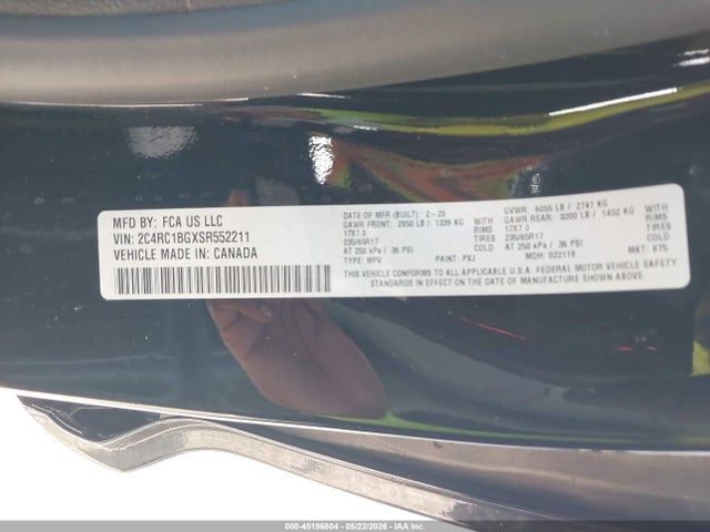 45196804 :رقم المزاد ، 2C4RC1BGXSR552211 vin ، 2025 Chrysler Pacifica Select مزاد بيع