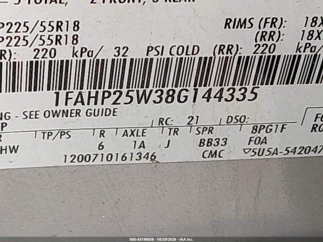 Продаж на аукціоні авто 2008 Ford Taurus Limited, vin: 1FAHP25W38G144335, номер лоту: 45196806
