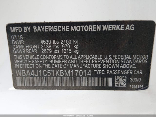 Продаж на аукціоні авто 2019 Bmw 430i Gran Coupe, vin: WBA4J1C51KBM17014, номер лоту: 45196815