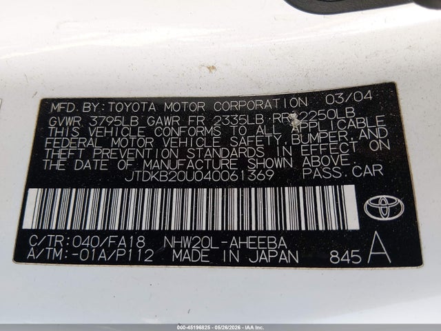 Aukcja sprzedaży 2004 Toyota Prius, vin: JTDKB20U040061369, numer aukcji: 45196825