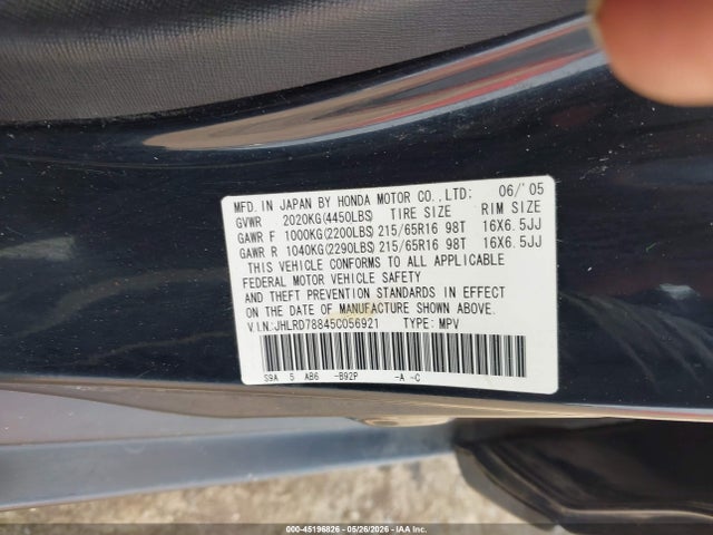 45196826 :رقم المزاد ، JHLRD78845C056921 vin ، 2005 Honda Cr-v Ex مزاد بيع