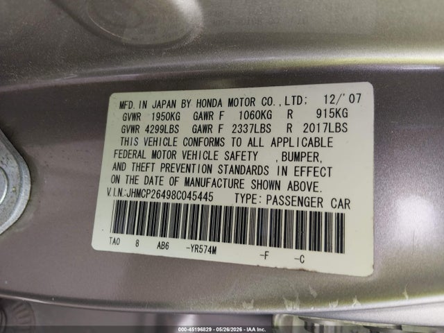 45196829 :رقم المزاد ، JHMCP26498C045445 vin ، 2008 Honda Accord 2.4 Lx-p مزاد بيع