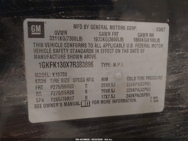 Auction sale of the 2007 Gmc Yukon Slt, vin: 1GKFK130X7R383896, lot number: 45196835
