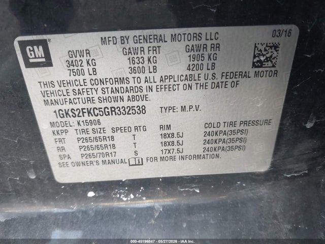 Продажа на аукционе авто 2016 Gmc Yukon Xl Sle, vin: 1GKS2FKC5GR332538, номер лота: 45196847