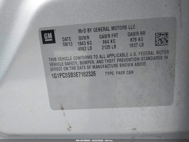 45196855 :رقم المزاد ، 1G1PC5SB3E7162326 vin ، 2014 Chevrolet Cruze 1lt Auto مزاد بيع