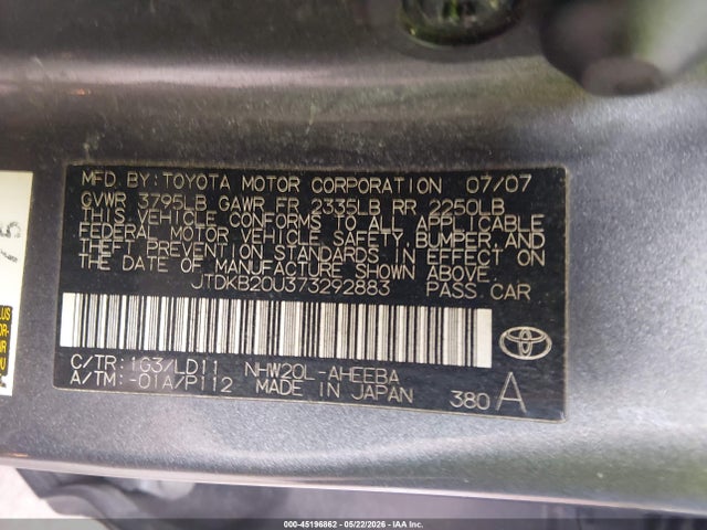 Aukcja sprzedaży 2007 Toyota Prius, vin: JTDKB20U373292883, numer aukcji: 45196862