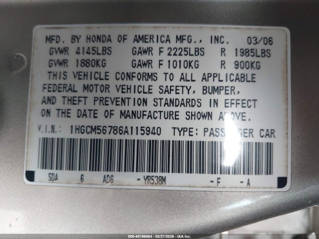 Aukcja sprzedaży 2006 Honda Accord 2.4 Ex, vin: 1HGCM56786A115940, numer aukcji: 45196864