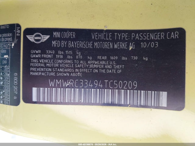2004 Mini Cooper მანქანა იყიდება აუქციონზე, vin: WMWRC33494TC50209, აუქციონის ნომერი: 45196876