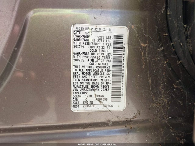 45196892 :رقم المزاد ، JN8AZ1MW0AW129258 vin ، 2010 Nissan Murano Le مزاد بيع