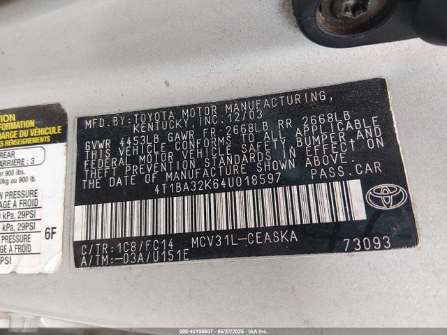 Aukcja sprzedaży 2004 Toyota Camry Se V6, vin: 4T1BA32K64U018597, numer aukcji: 45196897