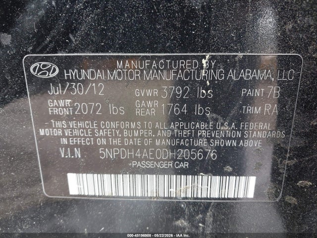 Продажа на аукционе авто 2013 Hyundai Elantra Gls, vin: 5NPDH4AE0DH205676, номер лота: 45196908
