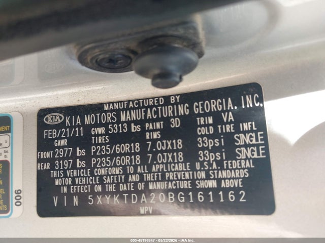 45196947 :رقم المزاد ، 5XYKTDA20BG161162 vin ، 2011 Kia Sorento Lx V6 مزاد بيع