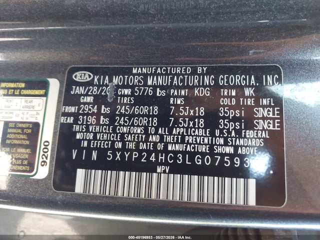2020 Kia Telluride Lx მანქანა იყიდება აუქციონზე, vin: 5XYP24HC3LG075935, აუქციონის ნომერი: 45196953