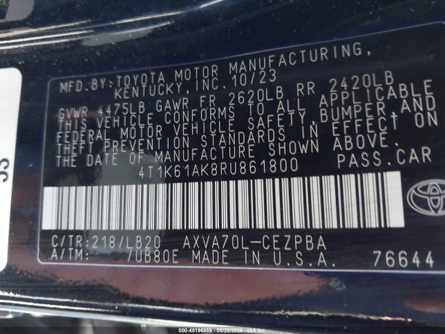 Aukcja sprzedaży 2024 Toyota Camry Xse, vin: 4T1K61AK8RU861800, numer aukcji: 45196959