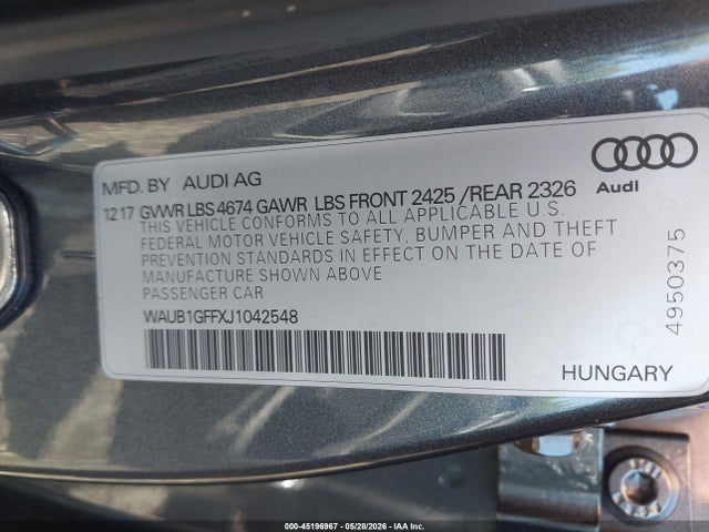 Продажа на аукционе авто 2018 Audi S3 2.0t Premium Plus, vin: WAUB1GFFXJ1042548, номер лота: 45196967