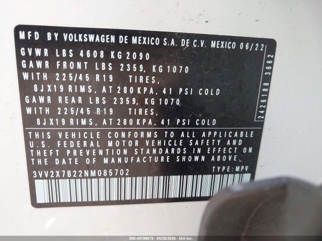 Продажа на аукционе авто 2022 Volkswagen Taos 1.5t Sel, vin: 3VV2X7B22NM085702, номер лота: 45196976