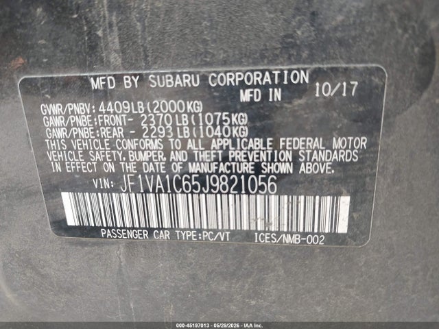 Aukcja sprzedaży 2018 Subaru Wrx Premium, vin: JF1VA1C65J9821056, numer aukcji: 45197013