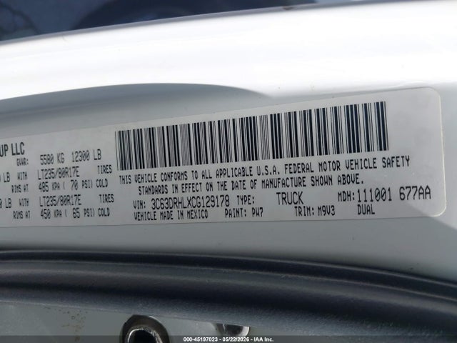 45197023 :رقم المزاد ، 3C63DRHLXCG129178 vin ، 2012 Ram 3500 Slt مزاد بيع