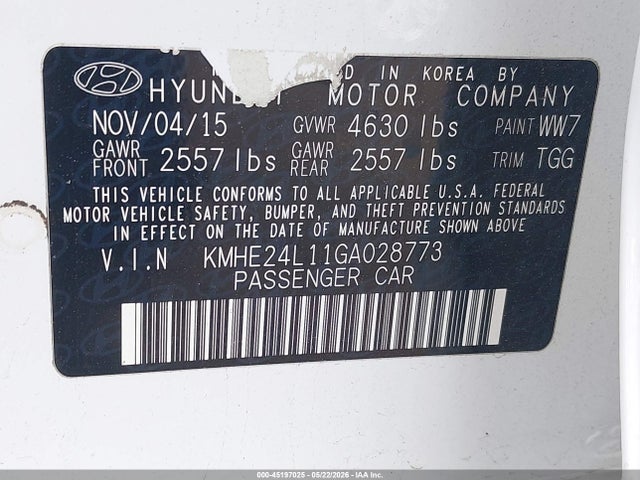 Продажа на аукционе авто 2016 Hyundai Sonata Hybrid Se, vin: KMHE24L11GA028773, номер лота: 45197025