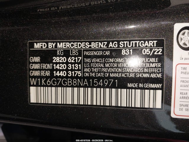 Aukcja sprzedaży 2022 Mercedes-benz S 580 4matic, vin: W1K6G7GB8NA154971, numer aukcji: 45197036