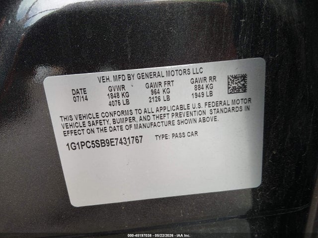 45197038 :رقم المزاد ، 1G1PC5SB9E7431767 vin ، 2014 Chevrolet Cruze 1lt Auto مزاد بيع