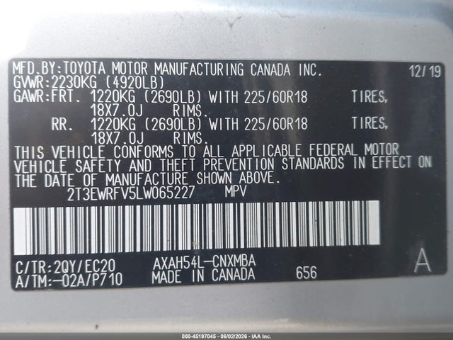 Aukcja sprzedaży 2020 Toyota Rav4 Hybrid Xse, vin: 2T3EWRFV5LW065227, numer aukcji: 45197045