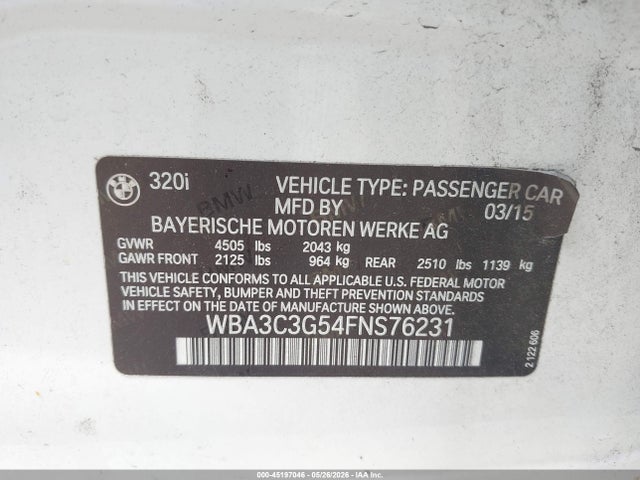 Aukcja sprzedaży 2015 Bmw 320i Xdrive, vin: WBA3C3G54FNS76231, numer aukcji: 45197046