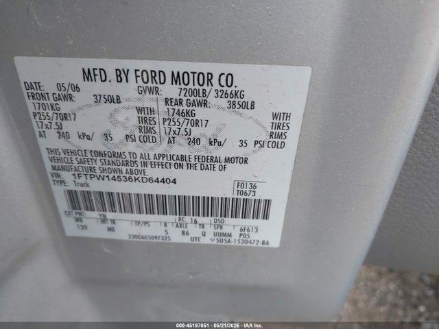 45197051 :رقم المزاد ، 1FTPW14536KD64404 vin ، 2006 Ford F-150 Fx4/lariat/xlt مزاد بيع
