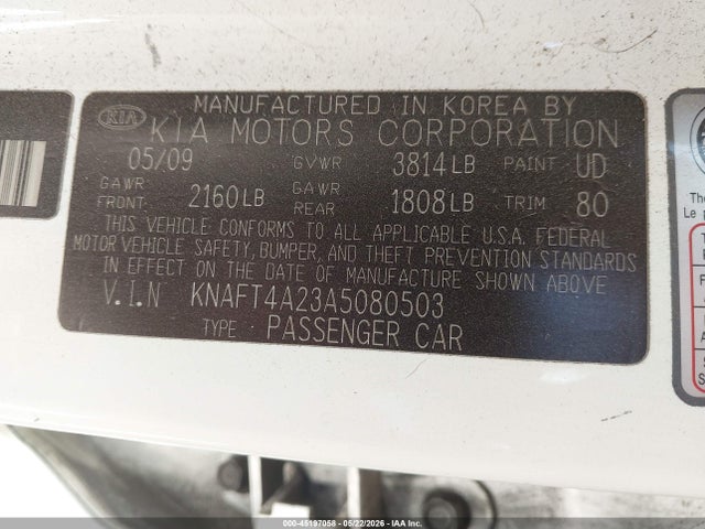 2010 Kia Forte Lx მანქანა იყიდება აუქციონზე, vin: KNAFT4A23A5080503, აუქციონის ნომერი: 45197058