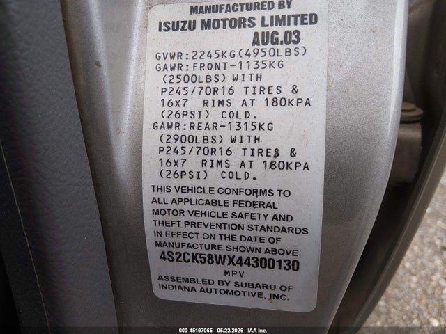 Aukcja sprzedaży 2004 Isuzu Rodeo S 3.2l V6, vin: 4S2CK58WX44300130, numer aukcji: 45197065
