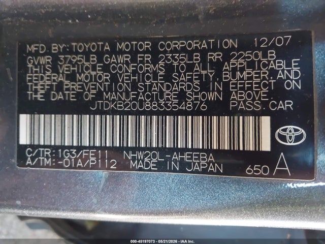 2008 Toyota Prius მანქანა იყიდება აუქციონზე, vin: JTDKB20U883354876, აუქციონის ნომერი: 45197073