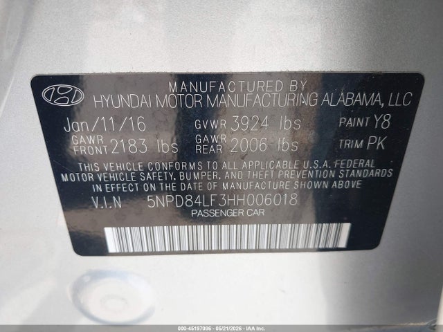 2017 Hyundai Elantra Se მანქანა იყიდება აუქციონზე, vin: 5NPD84LF3HH006018, აუქციონის ნომერი: 45197086