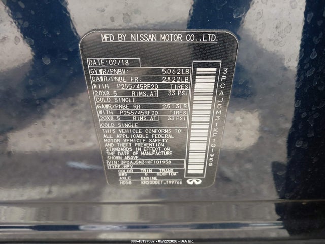 2019 Infiniti Qx50 Essential მანქანა იყიდება აუქციონზე, vin: 3PCAJ5M31KF101958, აუქციონის ნომერი: 45197087