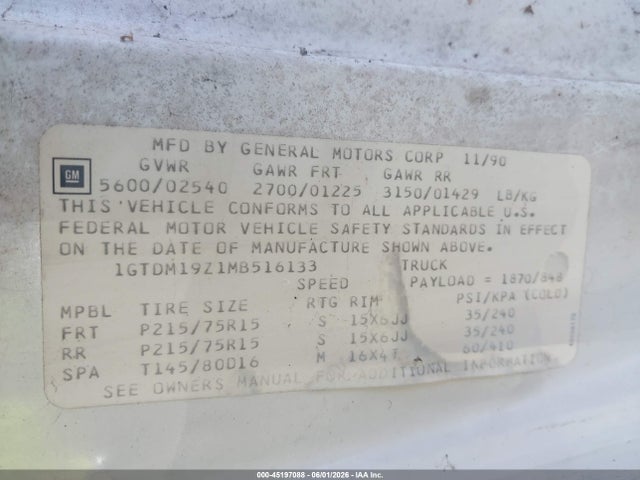 Aukcja sprzedaży 1991 Gmc Safari Xt, vin: 1GTDM19Z1MB516133, numer aukcji: 45197088