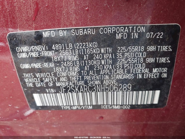Продаж на аукціоні авто 2022 Subaru Forester Touring, vin: JF2SKARC3NH506289, номер лоту: 45197090