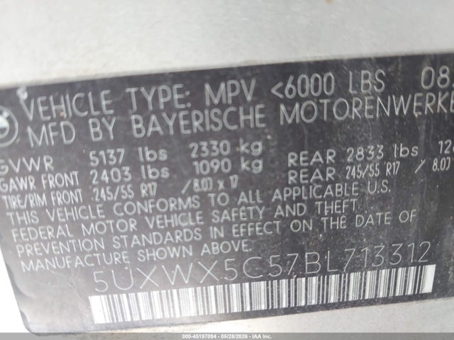 45197094 :رقم المزاد ، 5UXWX5C57BL713312 vin ، 2011 Bmw X3 Xdrive28i مزاد بيع