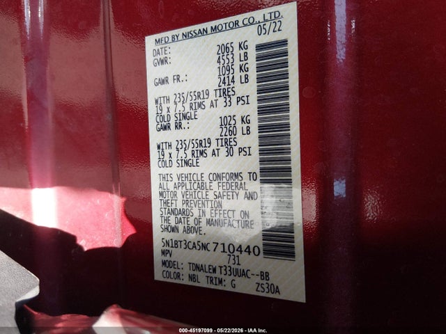5N1BT3CA5NC710440 Nissan Rogue Sl Fwd