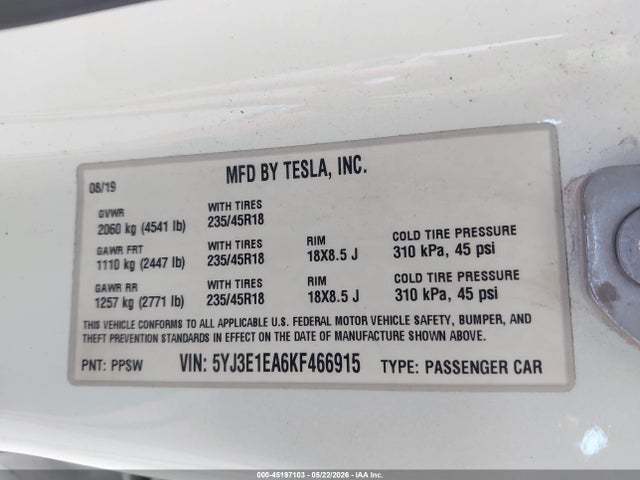 Aukcja sprzedaży 2019 Tesla Model 3 Long Range/mid Range/standard Range/standard Range Plus, vin: 5YJ3E1EA6KF466915, numer aukcji: 45197103