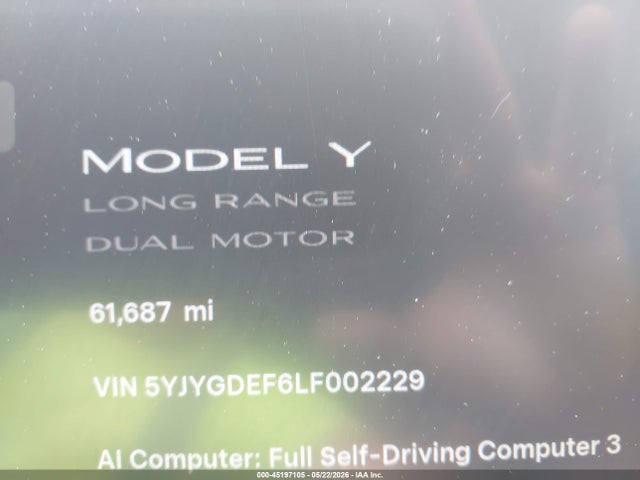 Продажа на аукционе авто 2020 Tesla Model Y Long Range Dual Motor All-wheel Drive/performance Dual Motor All-wheel Drive, vin: 5YJYGDEF6LF002229, номер лота: 45197105