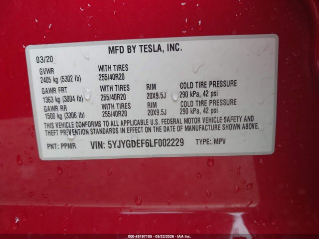 Продажа на аукционе авто 2020 Tesla Model Y Long Range Dual Motor All-wheel Drive/performance Dual Motor All-wheel Drive, vin: 5YJYGDEF6LF002229, номер лота: 45197105
