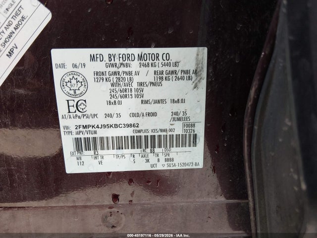 Aukcja sprzedaży 2019 Ford Edge Sel, vin: 2FMPK4J95KBC39862, numer aukcji: 45197116
