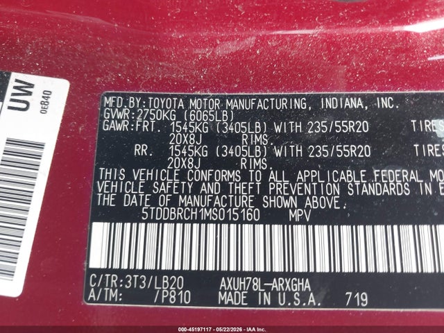 2021 Toyota Highlander Hybrid Limited მანქანა იყიდება აუქციონზე, vin: 5TDDBRCH1MS015160, აუქციონის ნომერი: 45197117