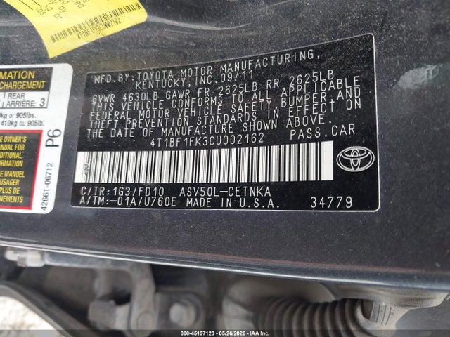 Продаж на аукціоні авто 2012 Toyota Camry Le, vin: 4T1BF1FK3CU002162, номер лоту: 45197123