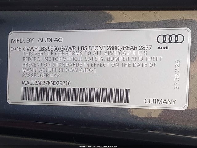 2019 Audi A6 55 Premium მანქანა იყიდება აუქციონზე, vin: WAUL2AF27KN026216, აუქციონის ნომერი: 45197127